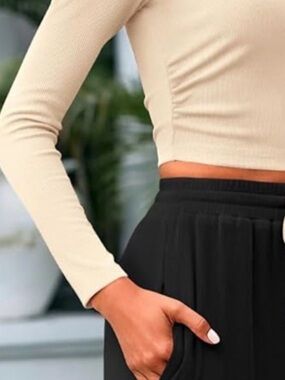BTFBM Ribbed Long Sleeve Crop Top in Light Beige - XL